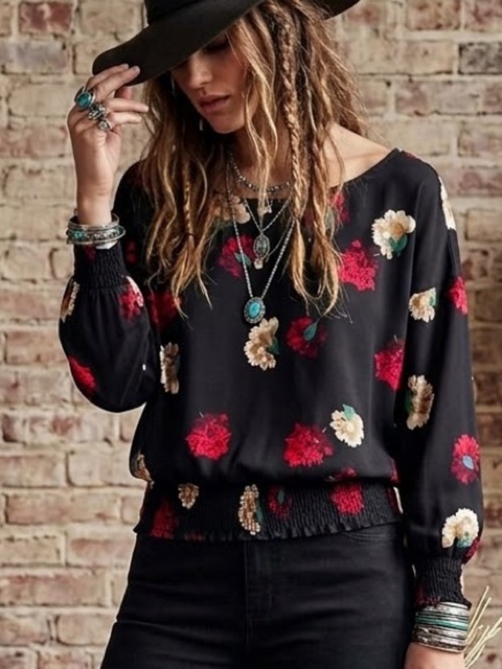 Ann Taylor Floral Smocked Hem Blouse XL Black Red Romantic Cottagecore Boat neck